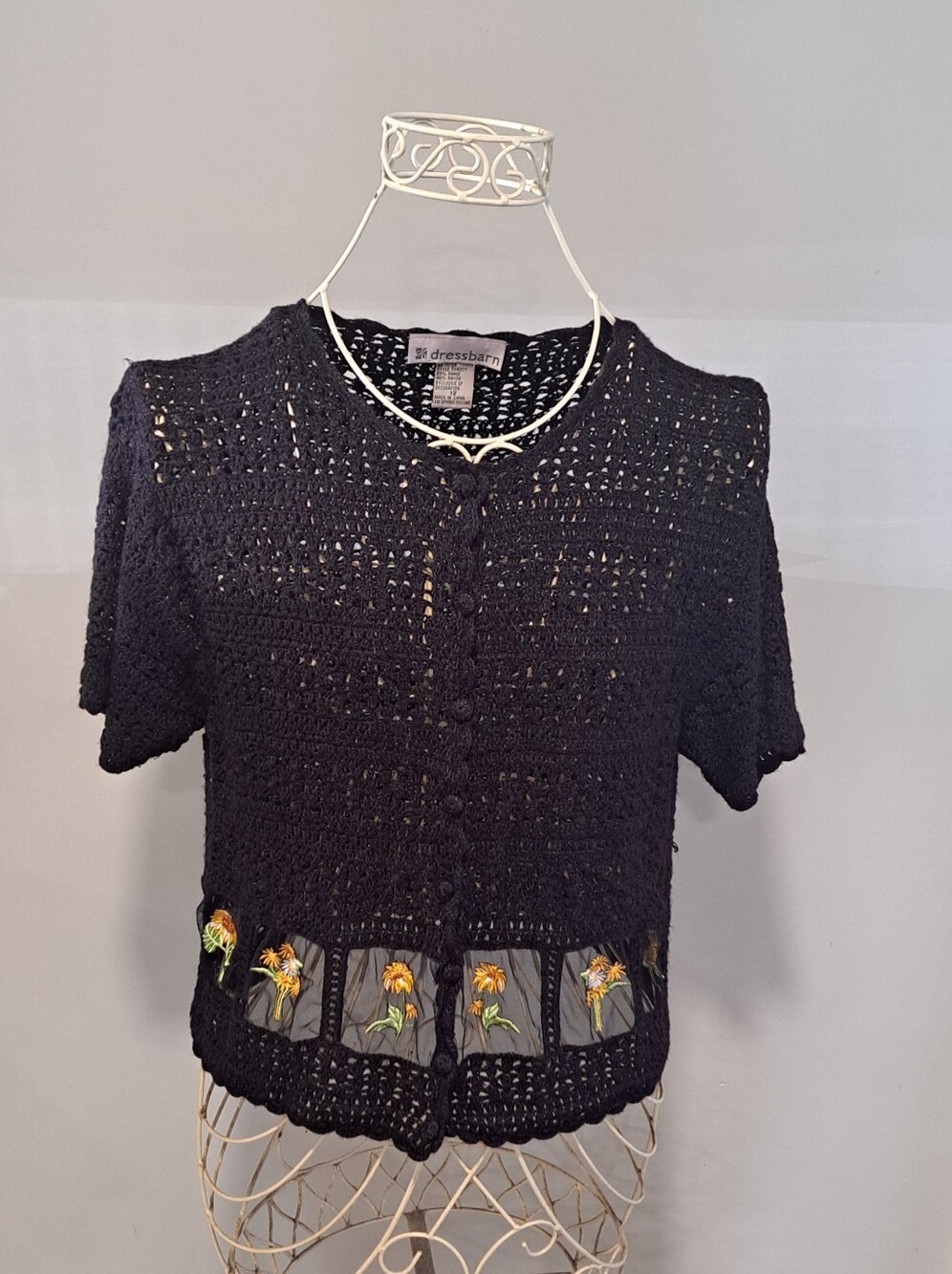 Vtg. 90s Butter Mom Witchy Crochet Sunflower Cottagecore Boho Sweater Size 12.